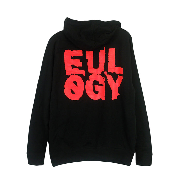 the back print of the hoodie is the word "Eulogy" in red block letters.