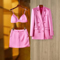 Fashionable Pink Satin Suit Jacket and Skirt Set Mimarta