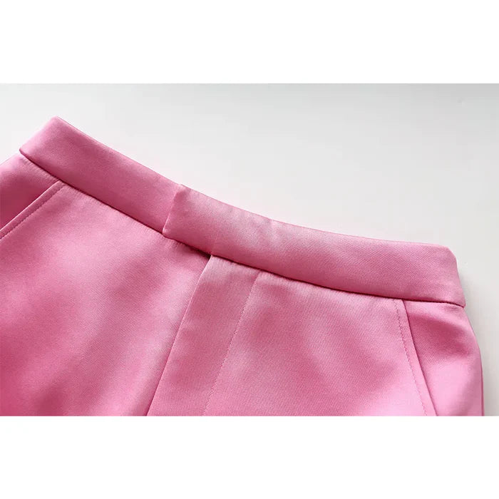 Fashionable Pink Satin Suit Jacket and Skirt Set Mimarta