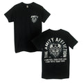 Black t-shirt by The Amity Affliction featuring an AMITY skull heart graphic on the front, and on the back, band text with a large skull heart and the phrase I CAN FEEL YOUR FEARS AND I CAN TASTE YOUR TEARS.