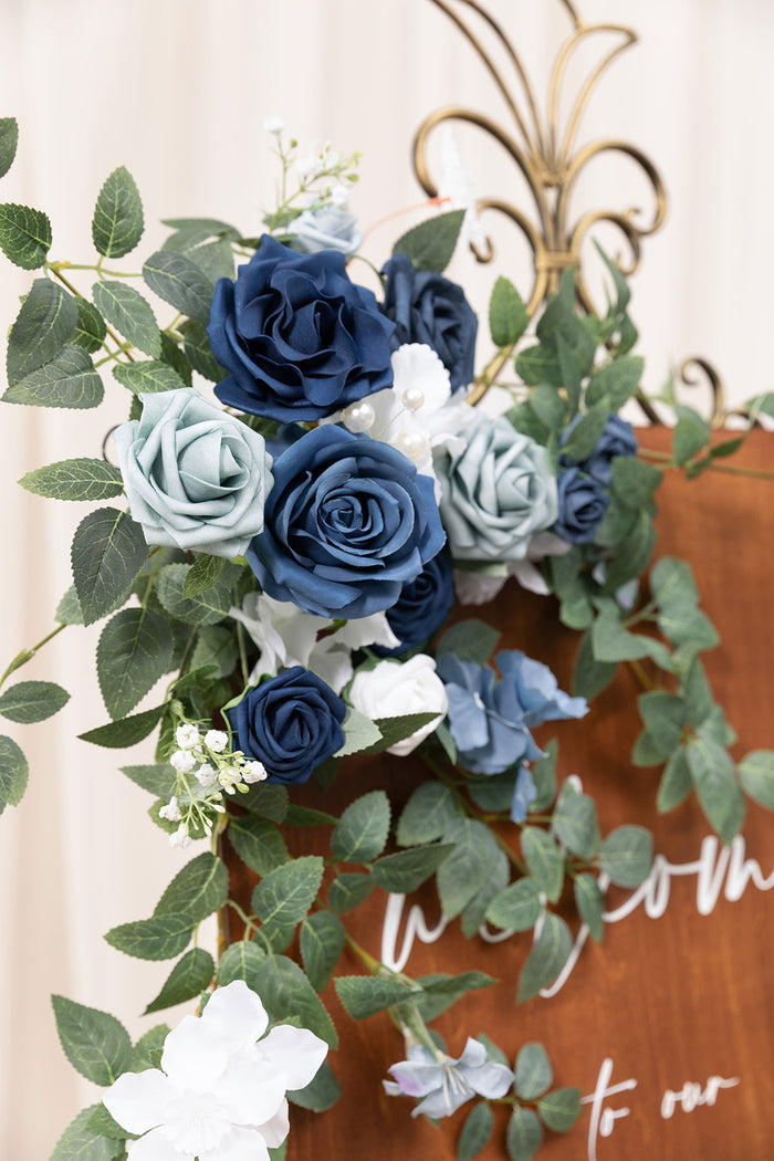 Dusty blue navy flower sign decor on gold easel