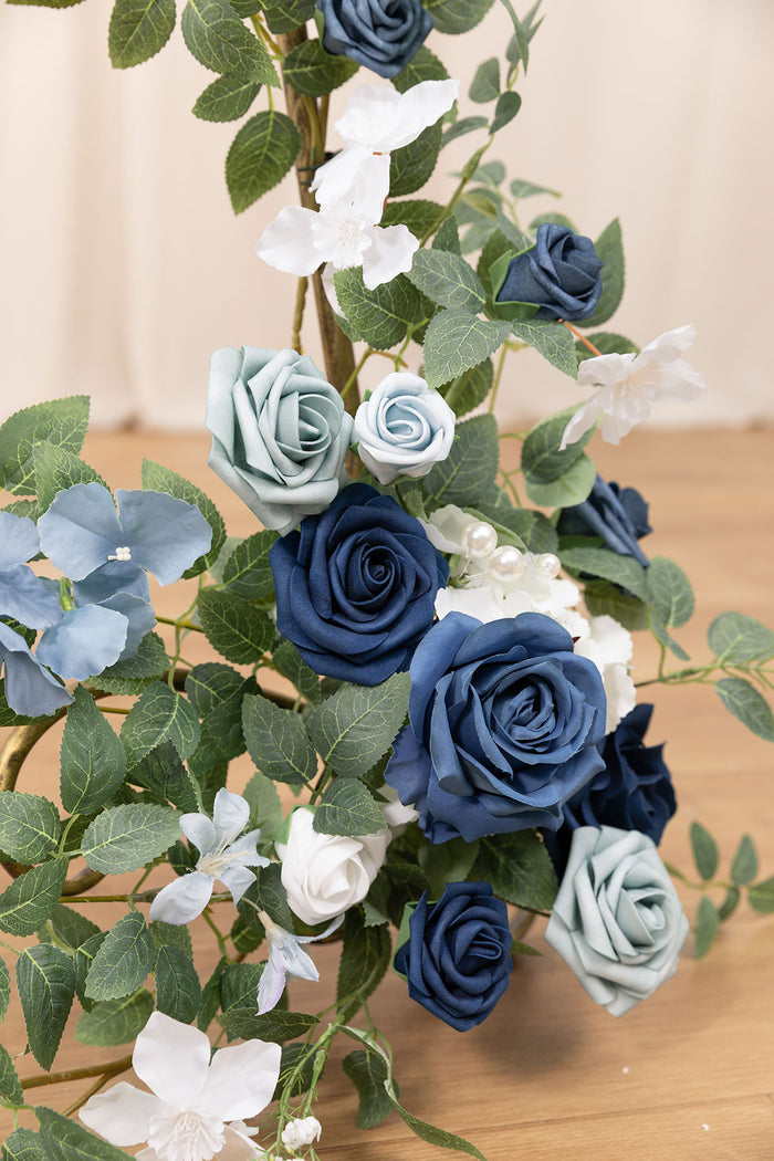 Dusty blue navy flower swag wedding welcome sign