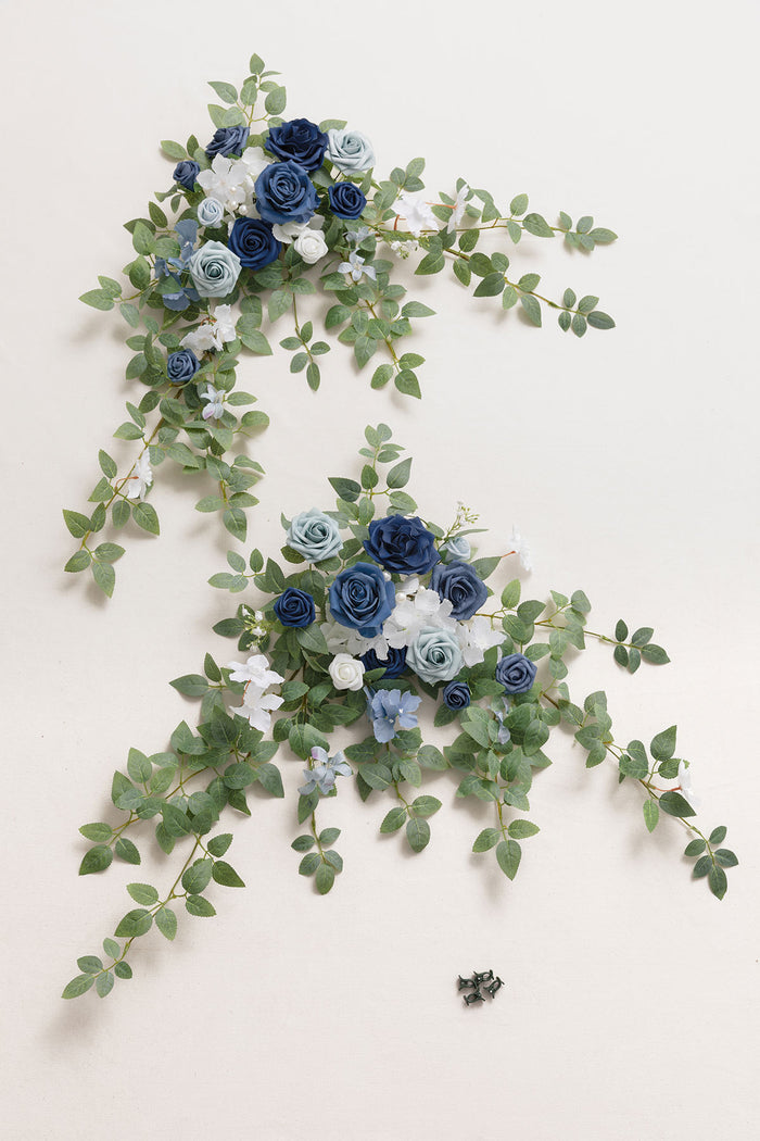 Dusty blue navy flower sign decor on wooden easel