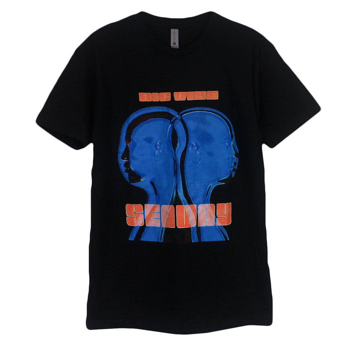 Printed on a black Next Level Apparel tee by Seaway, this shirt features two blue back-to-back head silhouettes in the center, with “BIG WIDE” in orange above and “SADWAY” in orange below.