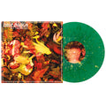 The image shows a neon yellow splatter vinyl record next to its album cover, which features yellow gloves among red and green foliage. This is the Hit Your Head vinyl from the brand Drug Church.