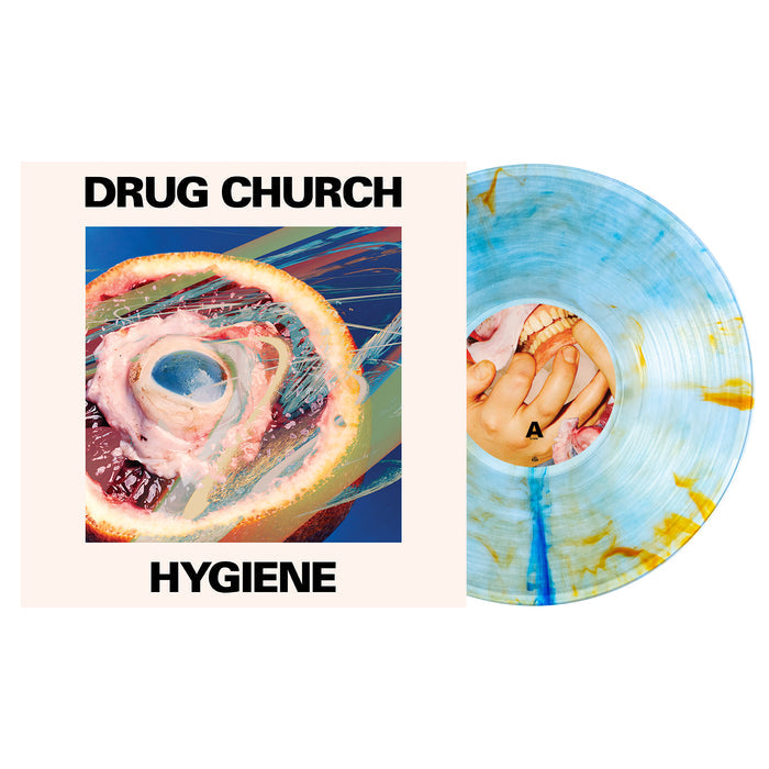 The image displays the Drug Church album "Hygiene" 4th Press: a limited edition marbled blue vinyl with brown and yellow streaks, featuring abstract cover art. Only 2000 copies of this exclusive release are available.