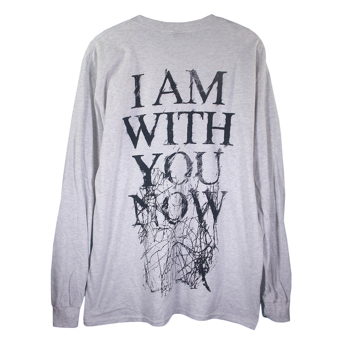 A light gray Knocked Loose long-sleeve shirt featuring large, distressed black I AM WITH YOU NOW text on the back, accented by chaotic black lines underneath.