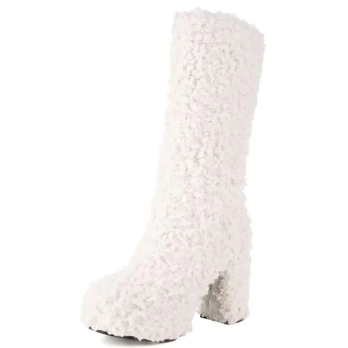 KISSASA Mid Calf Fluffy Furry Boots Warm Platform Chunky High Heel Pull On Boots Fashion Winter Boots White US10 Mimarta