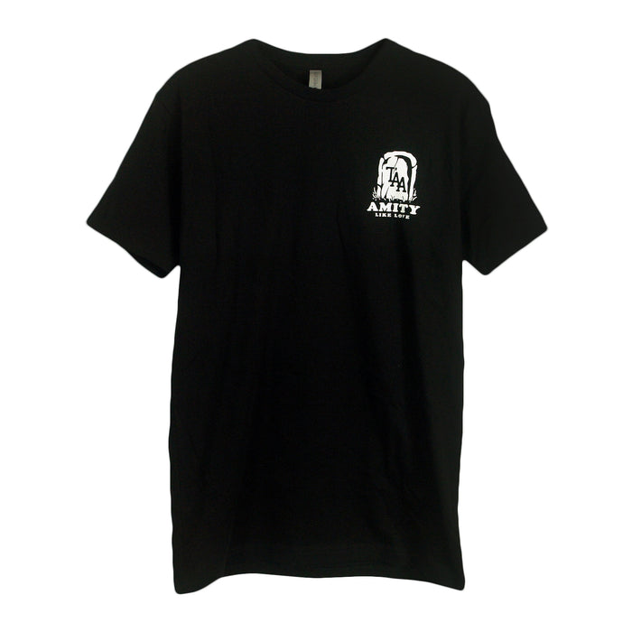 Black t-shirt by The Amity Affliction with a small white AMITY and Since 1975 graphic on the left chest, shown on a plain white background.