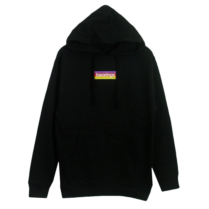 A midweight Black hooded pullover from Bearings, featuring a front pocket and a small rectangular chest logo with bearings in white text on a red, yellow, and purple background.