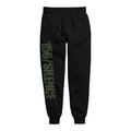 156/Silence black sweatpants feature an elastic waistband with drawstring, cuffed ankles, side pockets, and bold distressed green 156/Silence text down the left leg—ideal for pairing with your favorite sweatshirt.