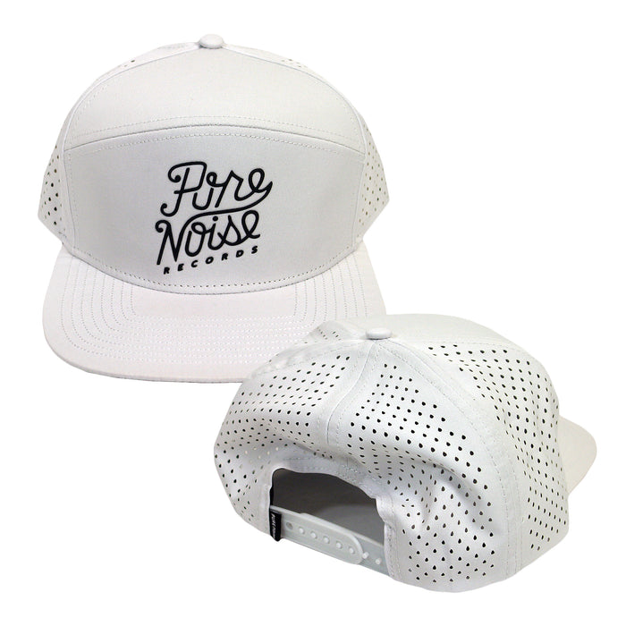 Two white snapback hats from Pure Noise Records Merch with perforated side panels. The front features Pure Noise Records in black script, while the back shows an adjustable strap and ventilation holes.