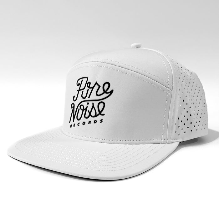 A white Pure Noise Records Merch snapback hat features perforated side panels and Pure Noise Records in black script on the front, shown against a plain white background.