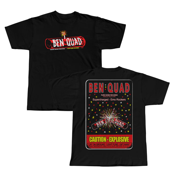 Ben Quad’s black M80 T-shirt features a red “BEN QUAD” firecracker with sparks on the front and fireworks, “BEN QUAD,” plus a yellow caution label on the back, inspired by classic fireworks packaging.