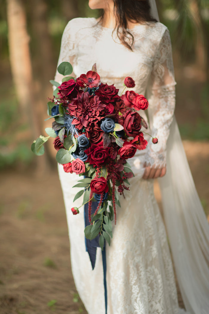 Medium Cascade Bridal Bouquet in Burgundy & Navy - Image 2