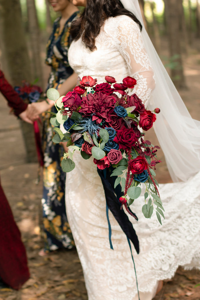 Medium Cascade Bridal Bouquet in Burgundy & Navy - Image 5