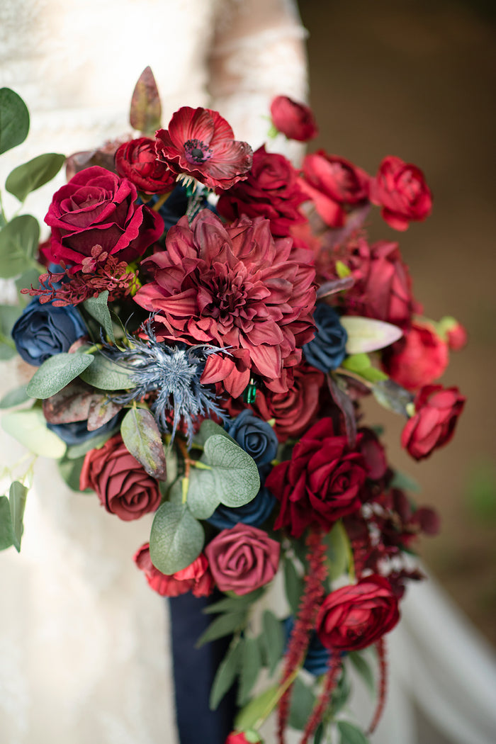 Medium Cascade Bridal Bouquet in Burgundy & Navy - Image 6