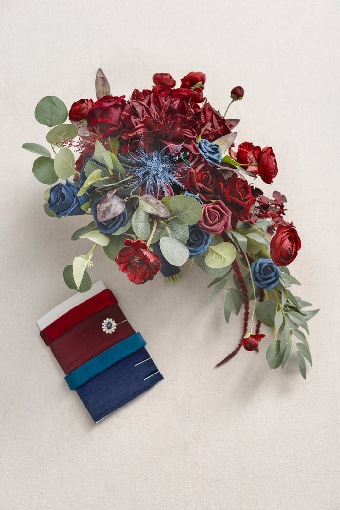 Medium Cascade Bridal Bouquet in Burgundy & Navy - Image 7