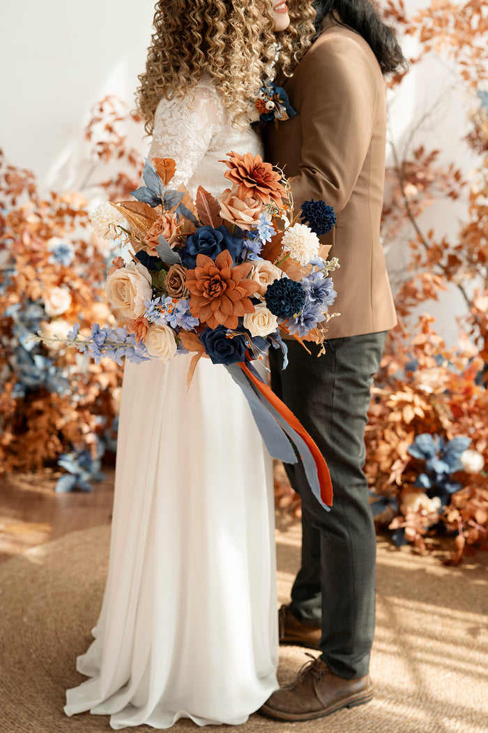 Medium Free-Form Bridal Bouquet in Russet Orange & Denim Blue - Image 2