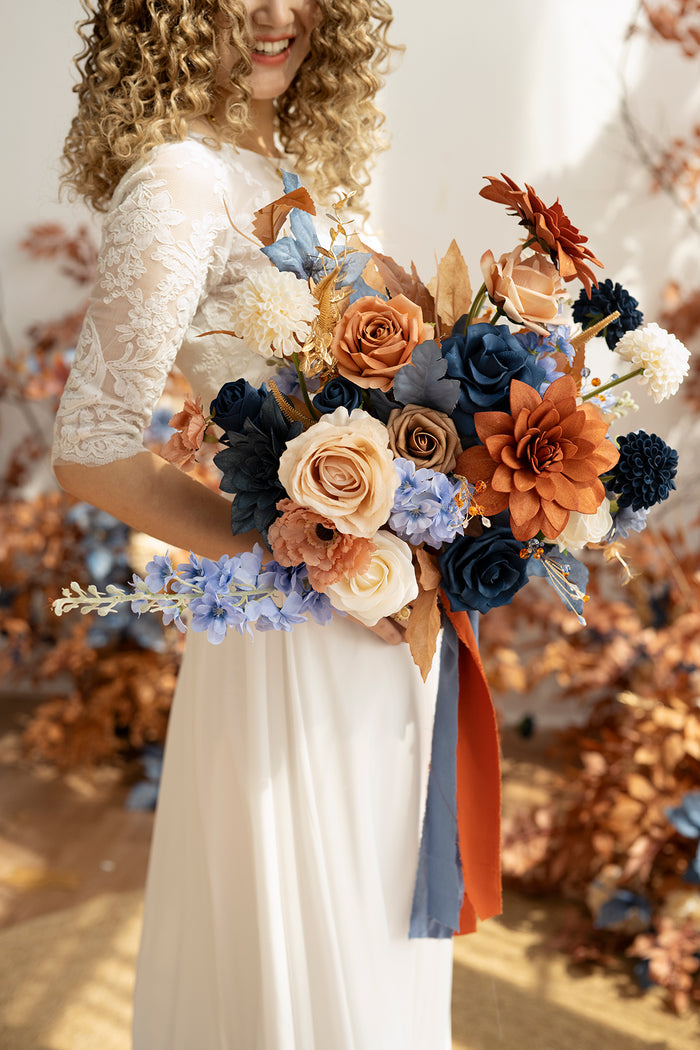 Medium Free-Form Bridal Bouquet in Russet Orange & Denim Blue - Image 5