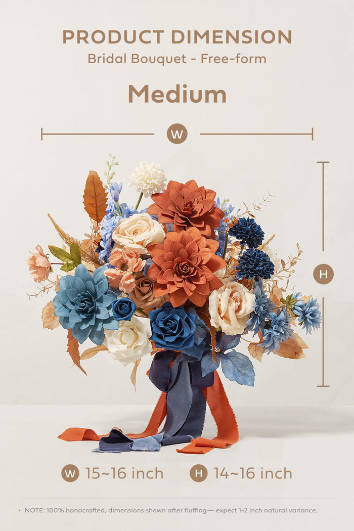 Medium Free-Form Bridal Bouquet in Russet Orange & Denim Blue