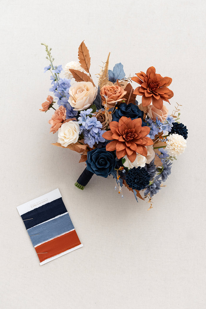 Medium Free-Form Bridal Bouquet in Russet Orange & Denim Blue - Image 6