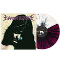 Year Of The Knife's No Love Lost black splatter vinyl features a striking half purple, half bone design, shown next to its album cover displaying a stylized, shadowy portrait of a long-haired figure obscured by speckles and darkness.