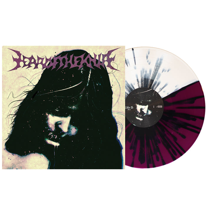 Year Of The Knife's No Love Lost black splatter vinyl features a striking half purple, half bone design, shown next to its album cover displaying a stylized, shadowy portrait of a long-haired figure obscured by speckles and darkness.