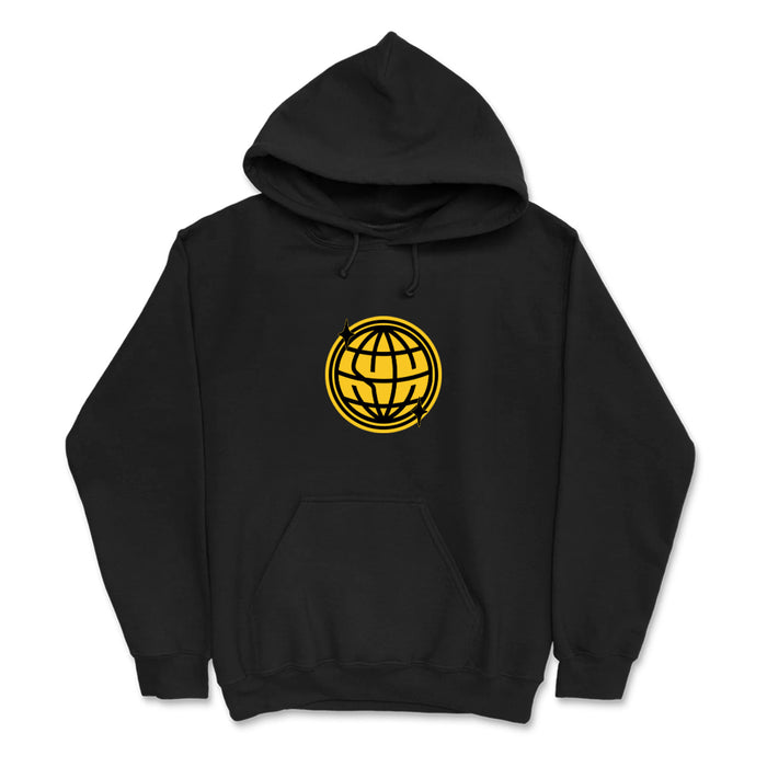 A black printed sweatshirt from State Champs, featuring a yellow globe symbol with three arrows circling it on the chest—perfect custom apparel for a bold, modern look.