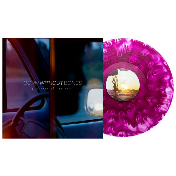 Born Without Bones – Pictures of the Sun album cover with a Deep Purple Cloudy Vinyl LP. Artwork shows a car window, blurred landscape, and hand on the steering wheel. Includes full album digital download.