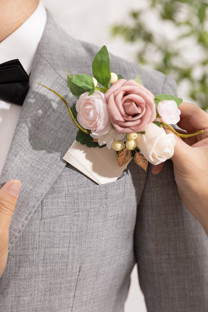 Pocket Square Boutonniere for Groom in Cream & Blush - Image 5