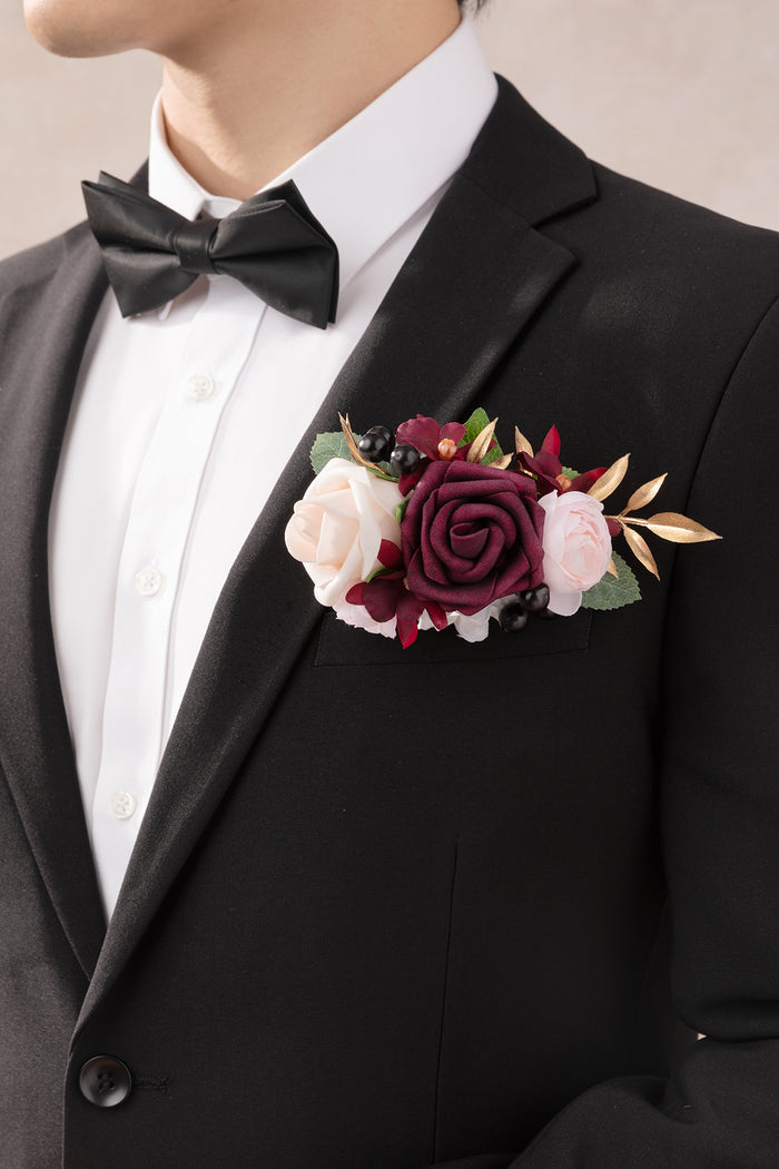 Pocket Square Boutonniere for Groom in Marsala & Cream - Image 3