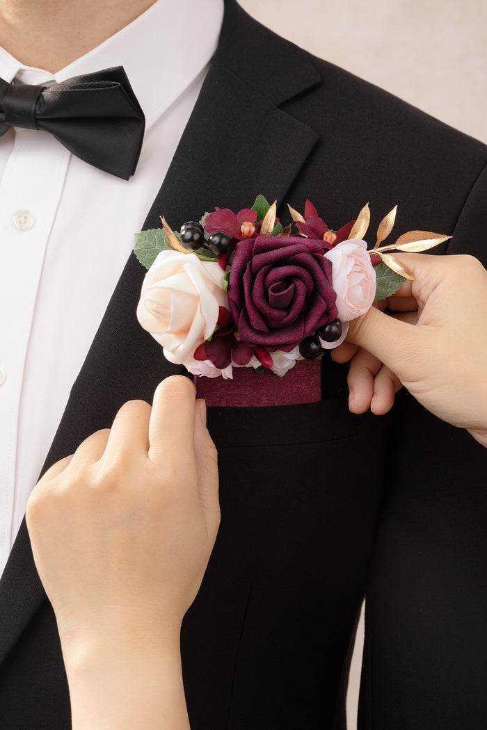 Pocket Square Boutonniere for Groom in Marsala & Cream - Image 4