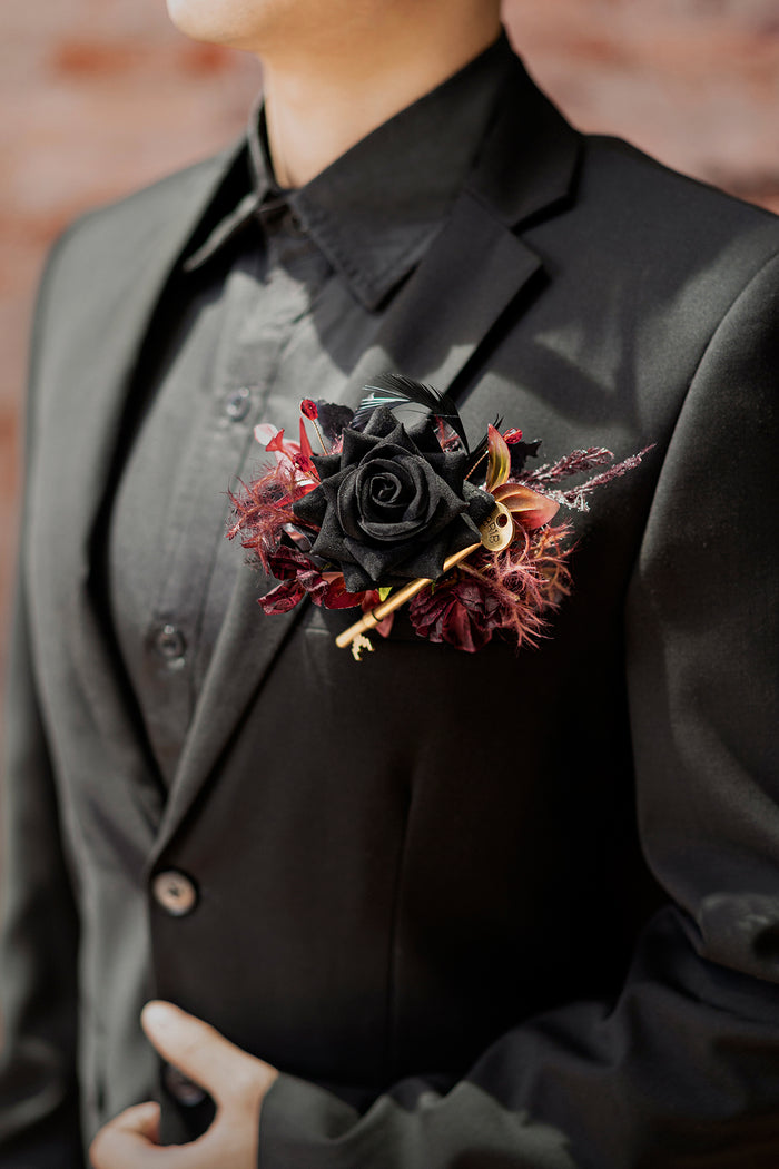 Pocket Square Boutonniere for Groom in Moody Burgundy & Black - Image 2
