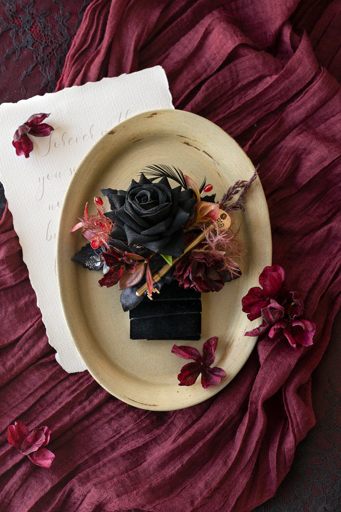 Pocket Square Boutonniere for Groom in Moody Burgundy & Black - Image 3