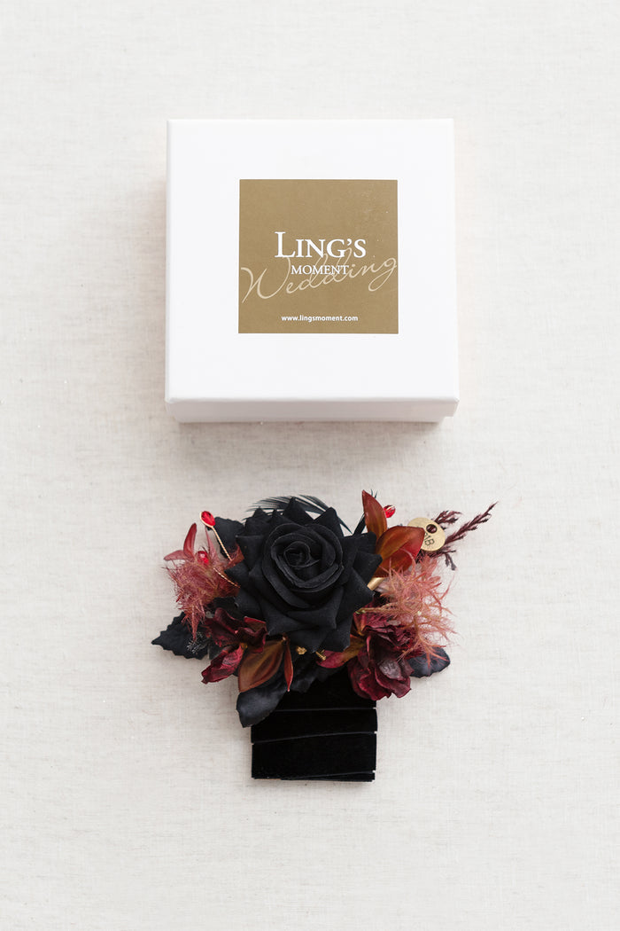 Pocket Square Boutonniere for Groom in Moody Burgundy & Black - Image 4
