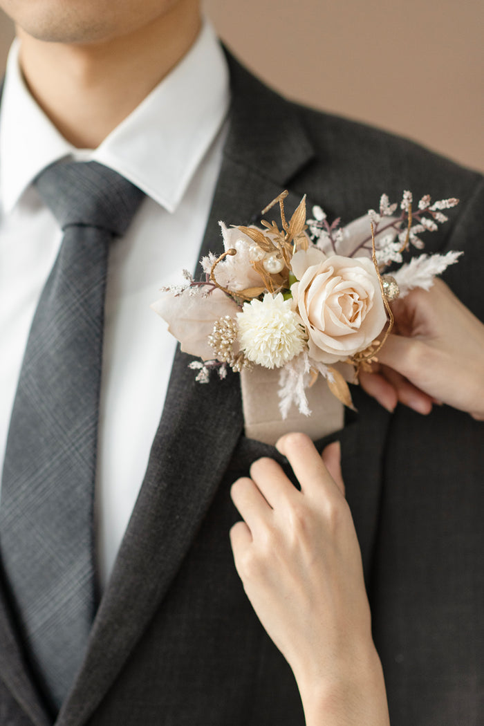 Pocket Square Boutonniere for Groom in White & Beige - Image 3
