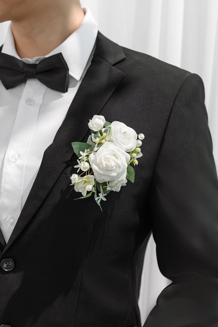 Pocket Square Boutonniere for Groom in White & Sage - Image 3