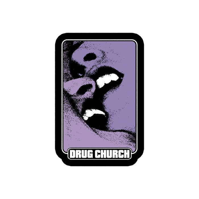 A black-framed, purple-tinted image shows two faces close together with open mouths and visible teeth, featuring the brand name Drug Church at the bottom.