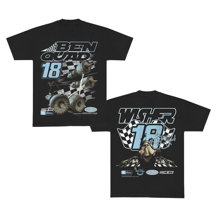 Black Ben Quad Comfort Colors t-shirt with a monster truck and checkered flags. Front says “BEN QUAD 18,” back has “WATK 18” above a helmeted driver graphic and bottom logos.