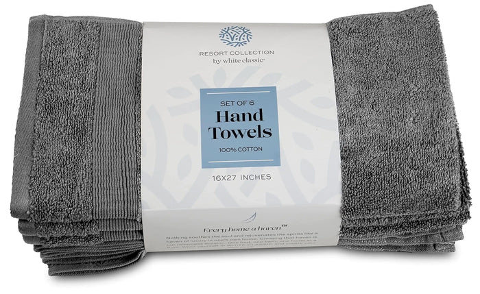 Resort Collection Soft Hand Towels 16x27 in 6 Pack Smoke Grey Luxury Hotel Rieworkes