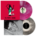 Two vinyl records from Sad Park: a marbled pink/purple Galaxy Vinyl LP with cartoon ghost art, and a Black & White Vinyl featuring a sleeping figure photo. Album cover reads Sad Park - No More Sound.