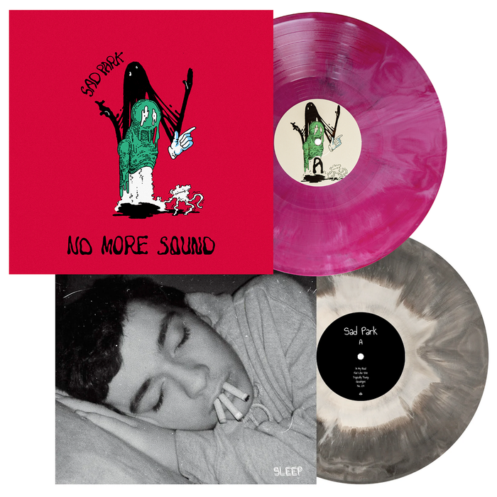 Two vinyl records from Sad Park: a marbled pink/purple Galaxy Vinyl LP with cartoon ghost art, and a Black & White Vinyl featuring a sleeping figure photo. Album cover reads Sad Park - No More Sound.