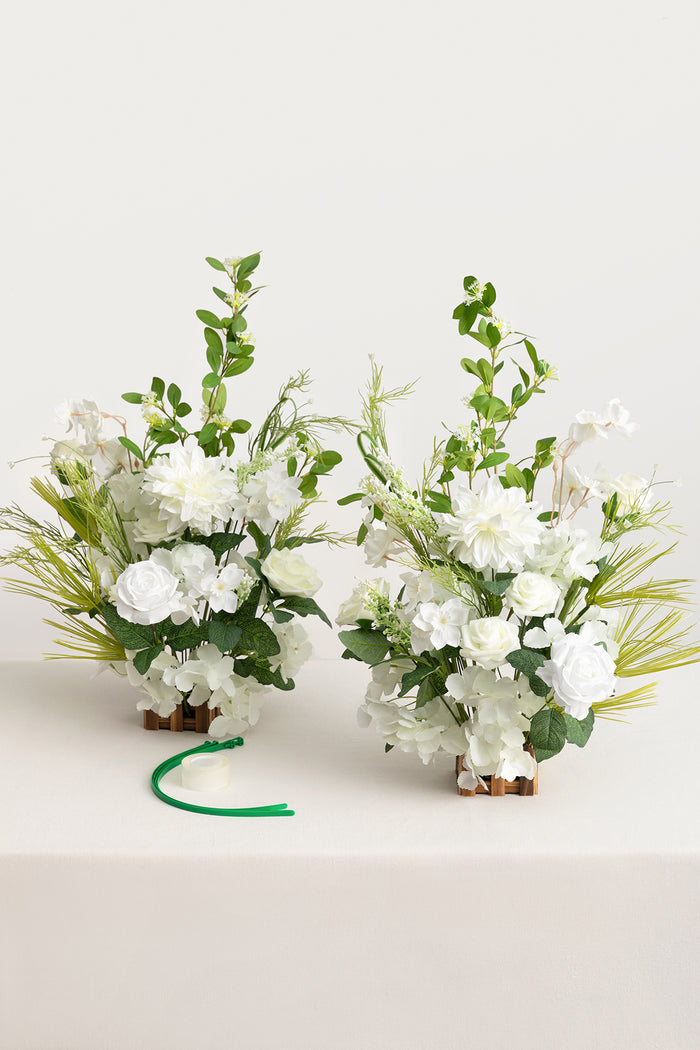 Set of 2 Wedding Aisle Runner Flower Arrangements in White & Green