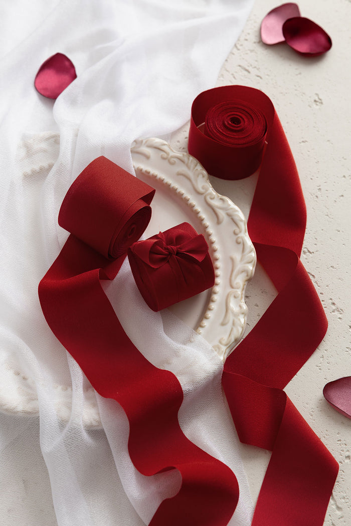 Set of 3 | 18 ft Matte Satin Ribbons in Carmine丨Clearance