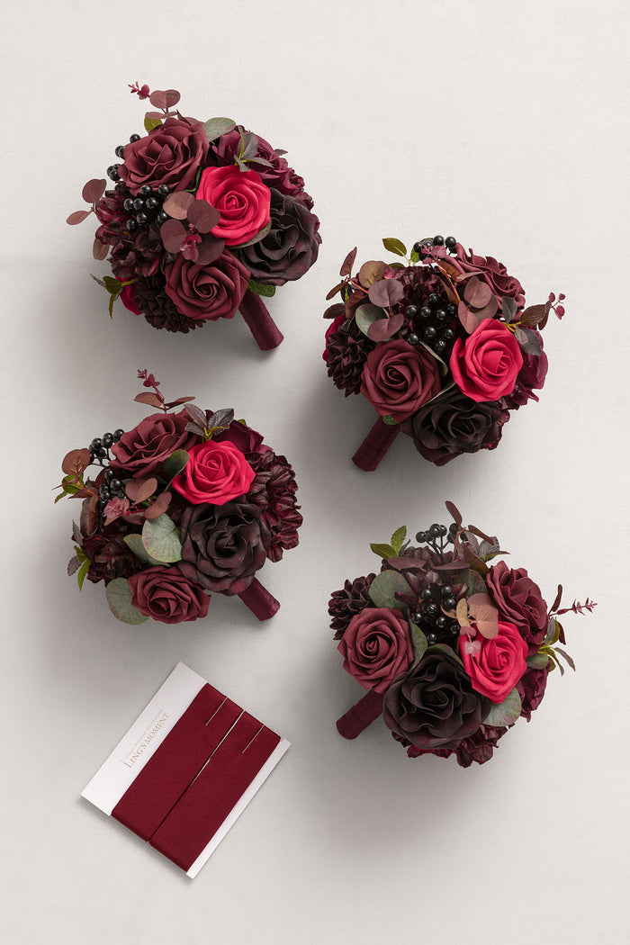 Set of 4 | 7" Bridesmaid Bouquets in Burgundy & Black Baccara
