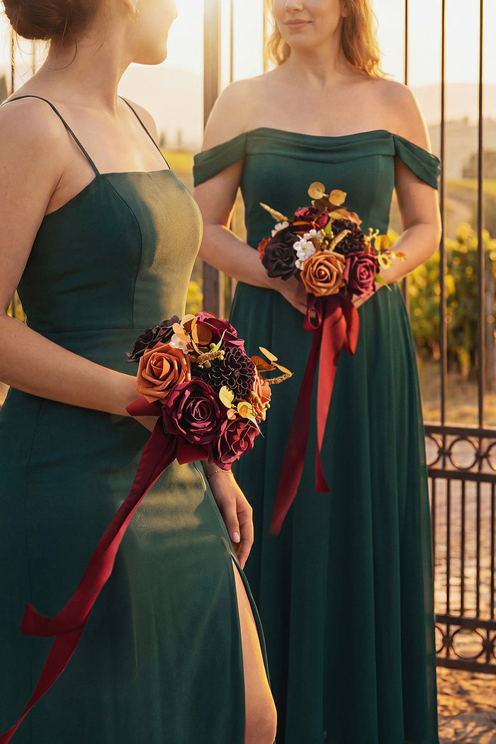 Set of 4 | 7" Bridesmaid Bouquets in Burgundy & Burnt Orange