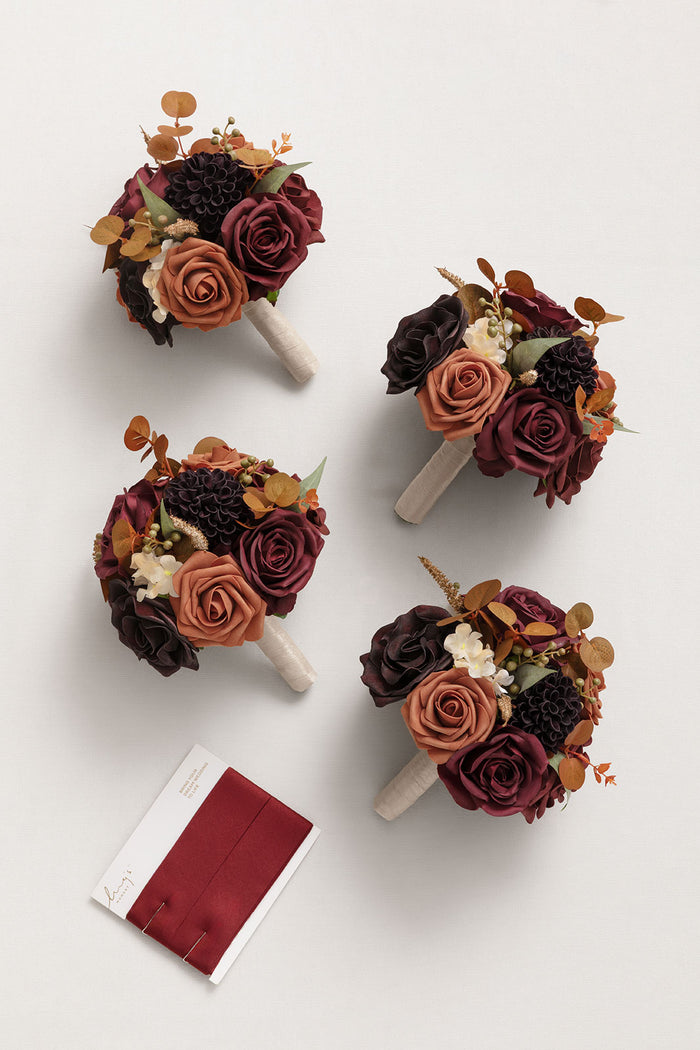 Set of 4 | 7" Bridesmaid Bouquets in Burgundy & Burnt Orange