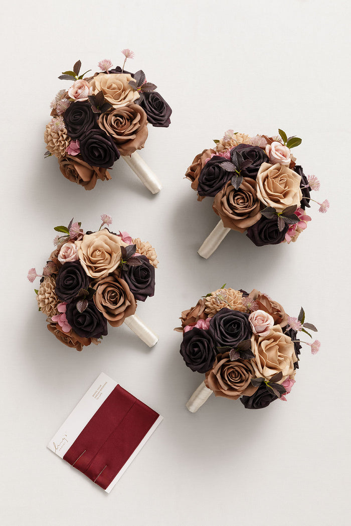 Set of 4 | 7" Bridesmaid Bouquets in Earth Brown & Black Baccara