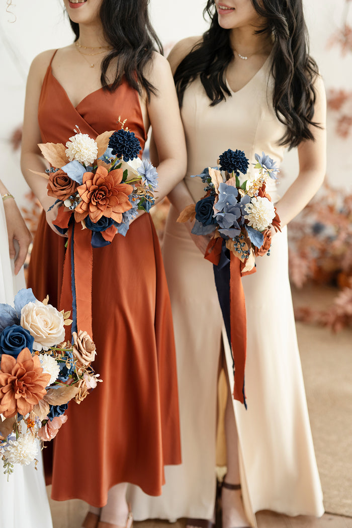 Round Bridesmaid Bouquets in Russet Orange & Denim Blue - Image 2